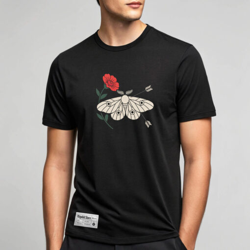 Men’s Black Graphic T-Shirt – Moth and Flower Design, Minimal Nature Style